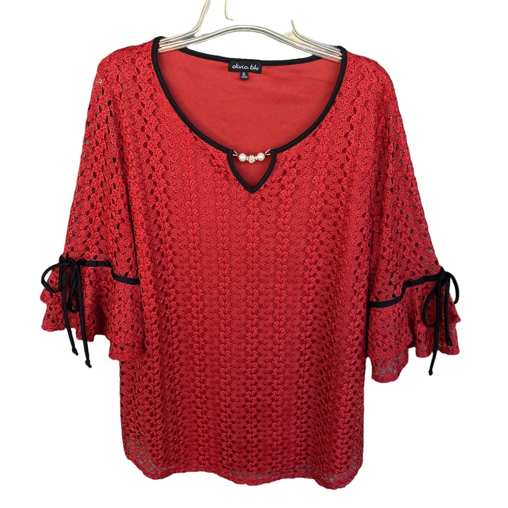 Chico's Vibrant Red Lace Blouse with Black Accents